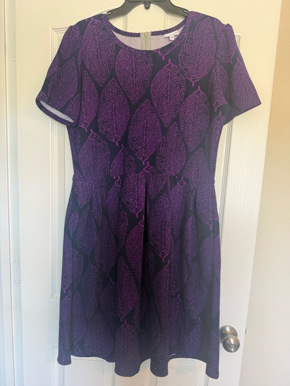 Purple Leaf-Print Short Sleeve Dress